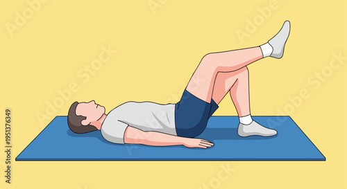 Person lying on a blue mat performing a leg raise exercise, isolated on yellow