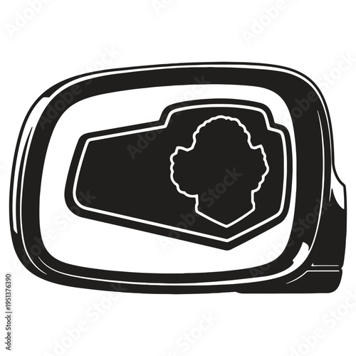 Stylized black and white illustration of a side view car mirror with a reflection of what appears to be a simplified human profile or head shape