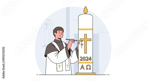 Clergyman adds ornamentation to a large candle inscribed with the year 2024