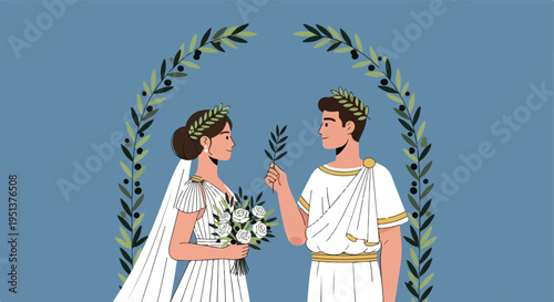 Ancient couple in togas with laurel wreaths and olive branches