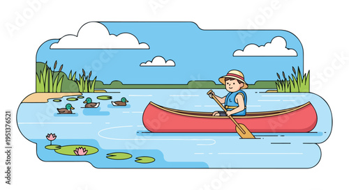 Person in a canoe paddles on a lake with ducks and lily pads