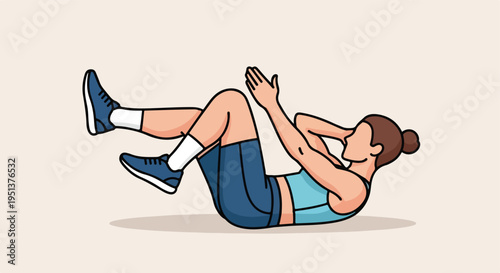 Cartoon illustration of a woman performing a crunch exercise on a plain background