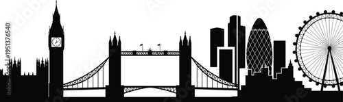 London skyline silhouette featuring Big Ben, Tower Bridge, Gherkin, modern skyscrapers, and London Eye iconic UK landmarks vector illustration design.