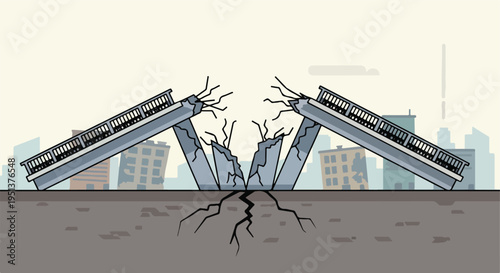 Collapsed bridge with cracked ground and distant city skyline in cartoon style