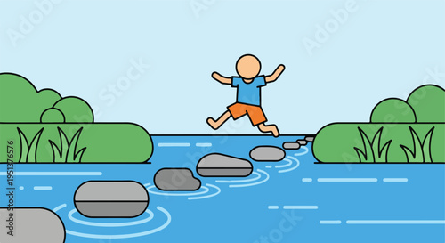 Child leaps across stepping stones in a stream, surrounded by green banks and blue sky