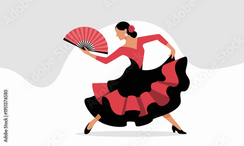 Elegant Spanish Flamenco Dancer Illustration with Red Fan