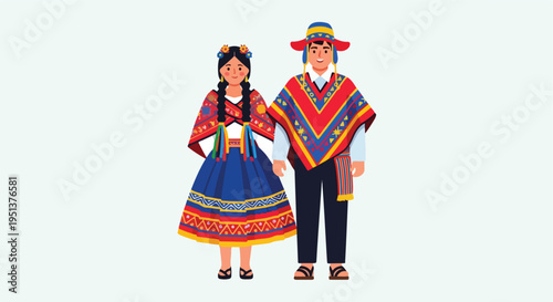 A man and woman in colorful, traditional Andean clothing stand side-by-side