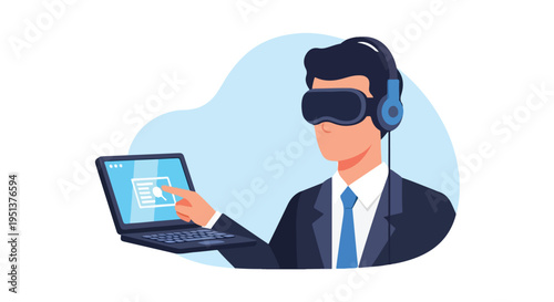 Man in VR headset and suit interacts with laptop showing search icon
