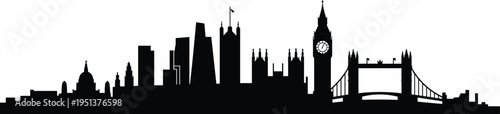 London skyline silhouette featuring St Paul’s Cathedral, The Shard, Gherkin, Big Ben, Tower Bridge, and iconic UK landmarks vector illustration design.
