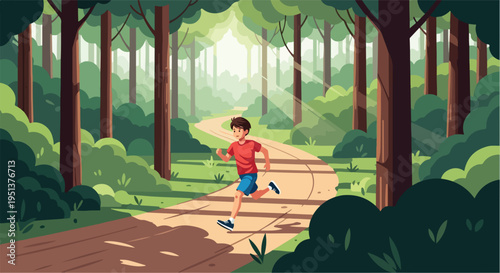 Young person running on a sun-dappled forest path, surrounded by trees and foliage