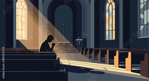 Solitary silhouette prays in a dimly lit church bathed in heavenly light