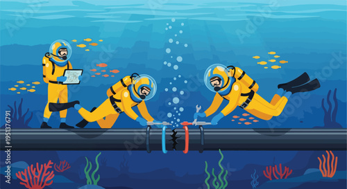 Divers in yellow suits repair a cracked underwater pipe, guided by a tablet