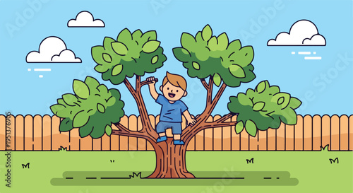 A cheerful boy sits in a tree, reaching for a branch, in a backyard