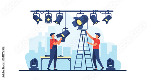 Stage technicians adjust spotlights with ladders and equipment