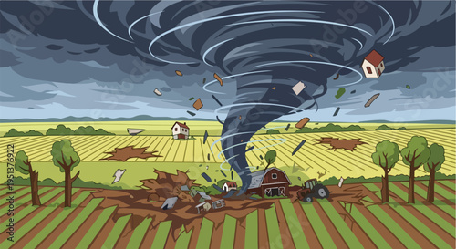 A powerful tornado wreaks havoc on a rural farm landscape