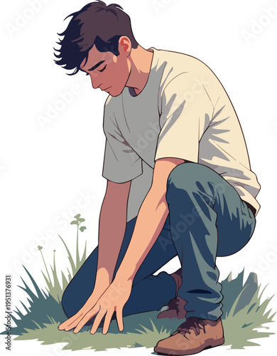 Illustrazione vettoriale di una persona inginocchiata con un ginocchio a terra e sguardo basso. Concetto di riflessione, preghiera, umiltà, rispetto o momento emotivo intenso.