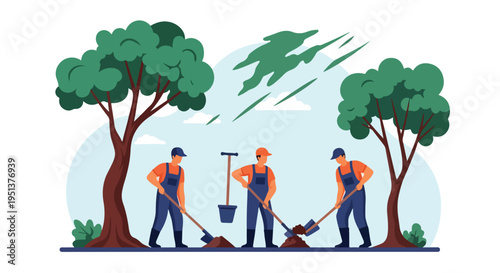 Three workers in blue overalls and orange shirts dig in the dirt under trees