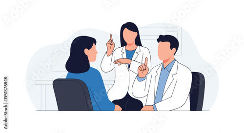 Three people in white lab coats in a consultation, pointing fingers