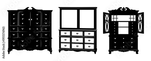 Victorian apothecary cabinet set with solid black silhouette against white background featuring ornate drawers, wooden paneling, detailed handles with iconography and classic aesthetic