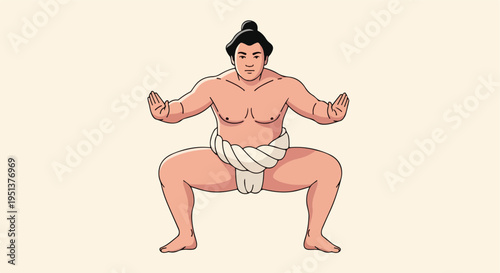 A muscular sumo wrestler in a low, powerful stance, arms outstretched