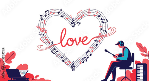 A person plays guitar surrounded by music notes forming a heart and leaves