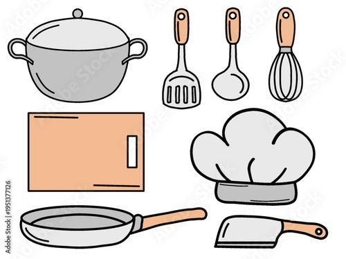 Simple illustration of icon set of cooking utensils such as frying pan, stock pot, cutting board, slotted turner, ladle, whisk, chef's hat, and meat cleaver 
