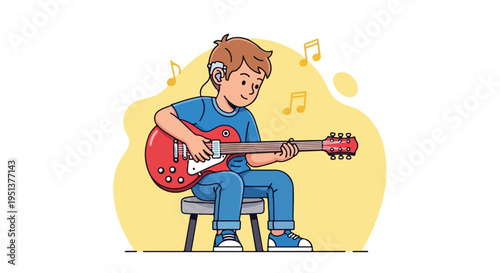 Young boy with hearing aid plays electric guitar, surrounded by music notes