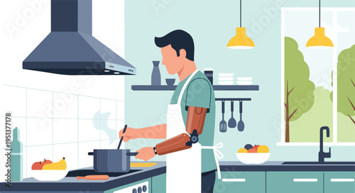 Person with prosthetic arm cooking a meal in a bright kitchen with a window view