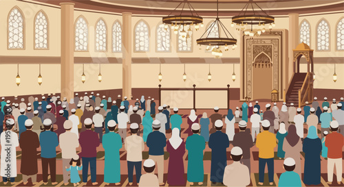 Congregation of people praying inside an ornate mosque with large windows and chandeliers