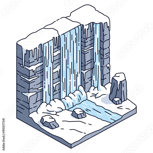 Isometric illustration of a snowy waterfall cascading down a rocky cliff face into a stream.
