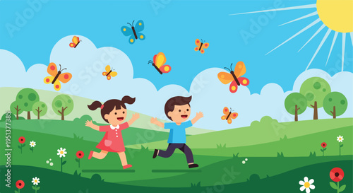 Two children joyfully chase butterflies through a sunlit meadow with trees