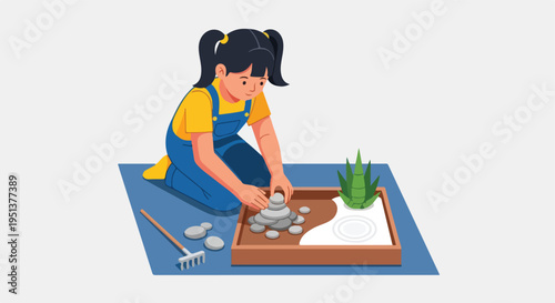 Young girl creating a miniature rock garden with a rake and plant