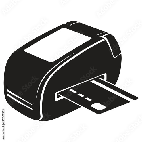 Stylized graphic illustration of a point of sale credit card reader device with a payment card inserted into the slot representing financial transactions and commerce