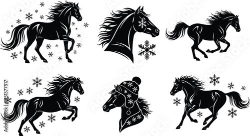 Black horse silhouettes set with snowflakes and winter hat for Christmas greeting cards winter sports equestrian design and seasonal decorations