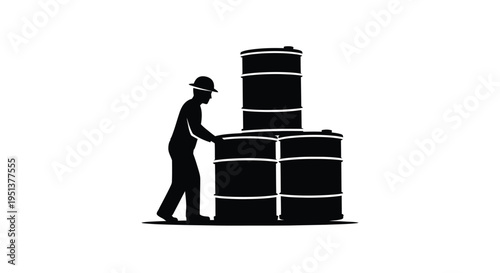 Worker pushing barrels industrial labor illustration in stark black silhouette