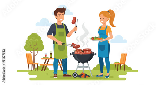Couple enjoys a summer barbecue in a park with food and drinks
