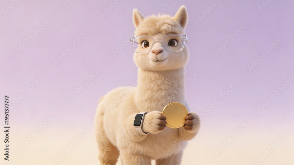 Fototapeta premium Llama Holding Gold Coin Wearing Glasses, Financial Mascot