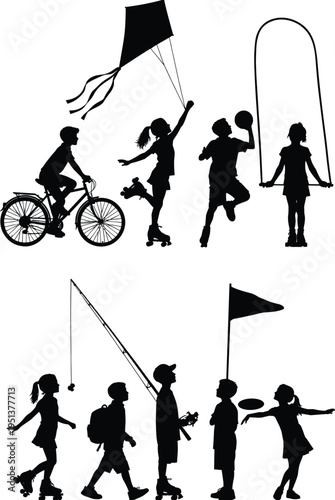 Children silhouettes playing outdoors, cycling, roller skating, kite flying, jumping rope, fishing, frisbee, flag holding, active lifestyle, fun, recreation