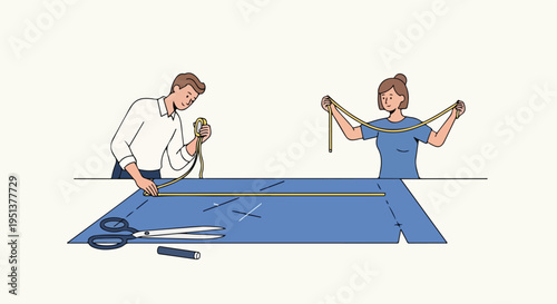 A man and woman measure blue fabric with tape measures