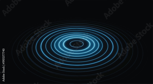 Abstract blue concentric sound waves or ripple effect vector illustration on a dark black background, ideal for technology, audio, or data visualization designs