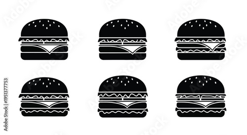 Six black silhouettes of burgers with varying layers and textures