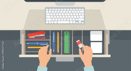 Overhead view of an organized desk drawer with hands reaching for stationery and a keyboard