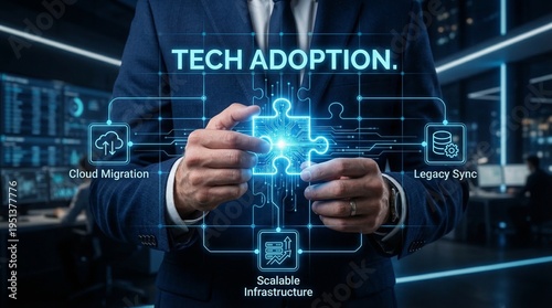 Businessman in suit interacting with digital tech adoption interface displaying cloud migration, legacy sync, and scalable infrastructure for seamless technology integration