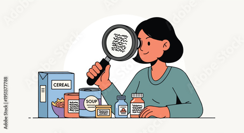 Person examines grocery items and medicine bottles with a magnifying glass