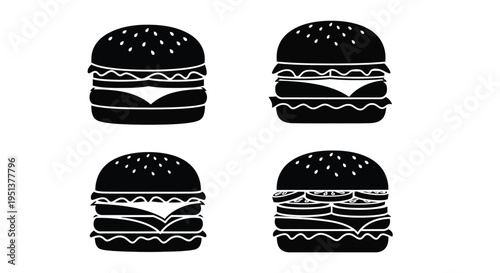Four black silhouettes of classic cheeseburgers with sesame seed buns silhouette