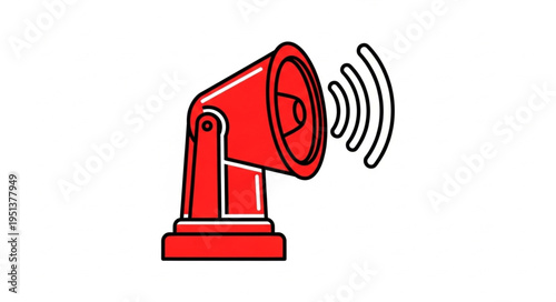 Red siren alarm loudspeaker emitting sound waves warning signal.