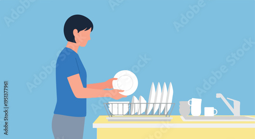 Person putting dishes in a drying rack next to a sink
