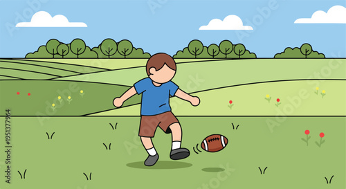 A child plays with a football in a green field with trees and clouds