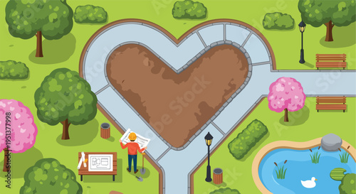 A park designer plans a heart-shaped garden with tools and blueprints