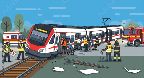 A train crash scene with emergency responders assisting passengers